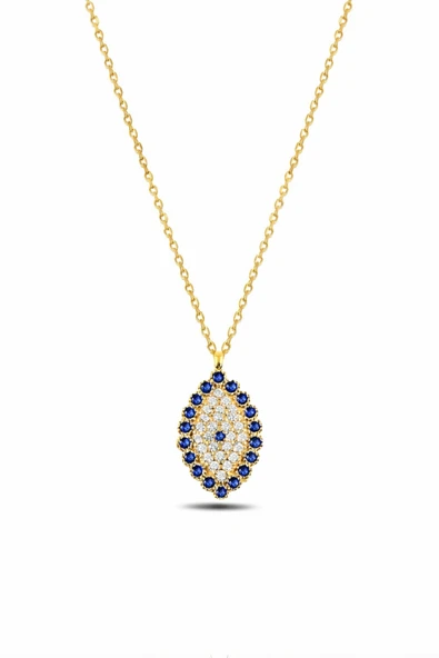 ÇEKİRDEK JEWELRY 925 Ayar Gümüş Gold Kaplama Safir Taşlı Oval Kolye – Zirkon Pırlanta Görünümlü ürün görseli 1