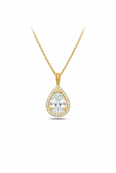 ÇEKİRDEK JEWELRY Damla Kesim Büyük Taşlı Gümüş Kolye 925 Ayar – Gold Kaplama Su Damlası Model ürün görseli 1