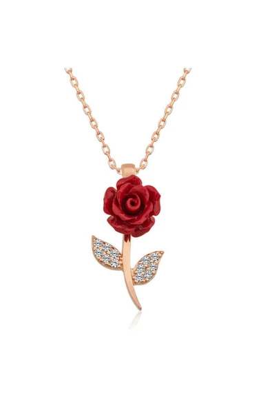 Oniks NİDAM BUTİK ​Gümüş Rose Kırmızı Gül Kolye ürün görseli 1