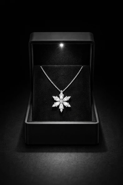 ÇEKİRDEK JEWELRY 925 Ayar Gümüş Çiçek Kolye Zirkon Taşlı Şık ve Zarif Kadın Kolye Özel Siyah Işıklı Kutusunda ürün görseli 1