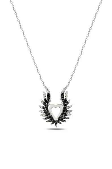 ÇEKİRDEK JEWELRY 925 Ayar Gümüş Siyah Taşlı Melek Kanatlı Kalp Kolye – Zirkon Taşlı Şık ve Zarif Kadın Kolye ürün görseli 1