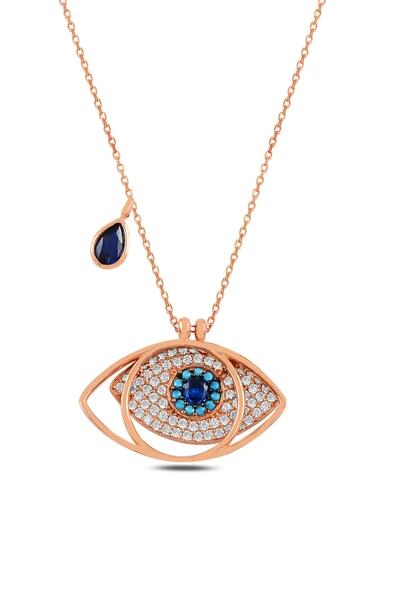 ÇEKİRDEK JEWELRY 925 Ayar Gümüş Rose Altın Kaplama Mavi Taşlı Nazar Göz Kadın Kolye ürün görseli 1