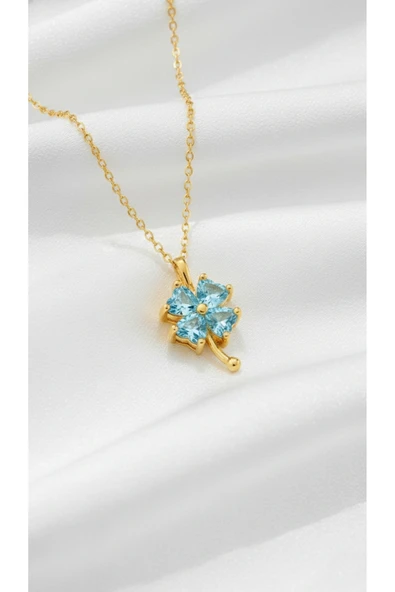 ÇEKİRDEK JEWELRY 925 Ayar Gümüş Akuamarine Taşlı Yonca Kolye ürün görseli 1