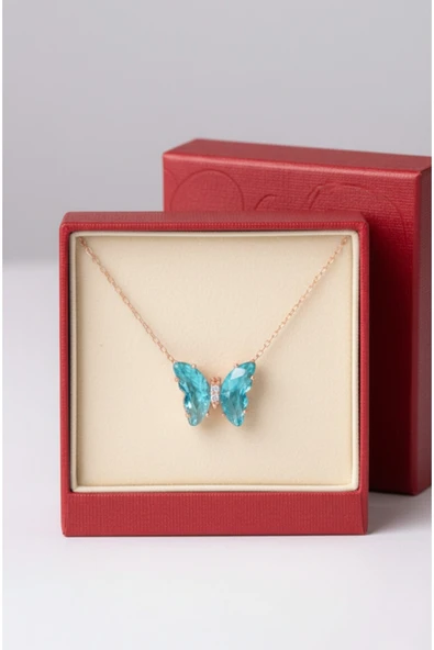 ÇEKİRDEK JEWELRY 925 Ayar Gümüş Aqua Taşlı Kelebek Kolye ürün görseli 1