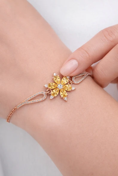 ÇEKİRDEK JEWELRY 925 Ayar Gümüş Sarı Taşlı Lotus Bileklik ürün görseli 1