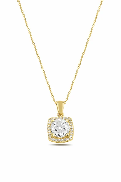 ÇEKİRDEK JEWELRY 925 Ayar Gümüş Gold Kaplama Tektaş Görünümlü Baget Çerçeveli Kolye ürün görseli 1