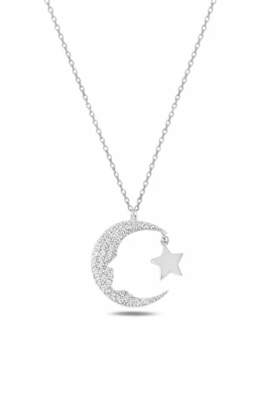 ÇEKİRDEK JEWELRY 925 Ayar Gümüş Ay Yıldız Kolye Zirkon Taşlı Parlak Kadın Kolye ürün görseli 1