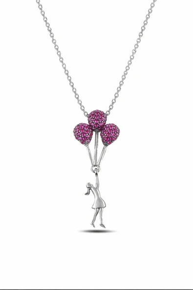 ÇEKİRDEK JEWELRY 925 Ayar Gümüş Rodyum Kaplama Kız Figürlü Kalp Balonlu Kolye – Pembe Taşlı Zarif Tasarım ürün görseli 1