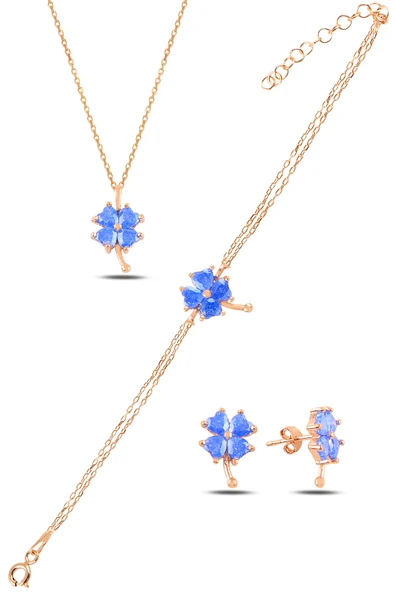 ÇEKİRDEK JEWELRY 925 Ayar Gümüş Rose Mavi Taşlı Yonca Takı Seti ürün görseli 1