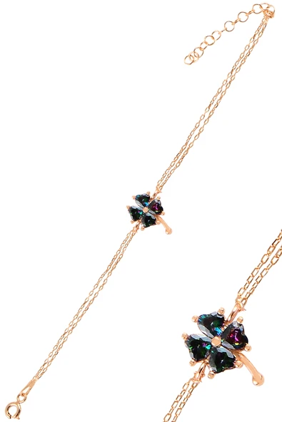 ÇEKİRDEK JEWELRY 925 Ayar Gümüş Siyah Zirkon Taşlı Yonca Bileklik – Rose Gold Kaplama Şans Bilekliği ürün görseli 1