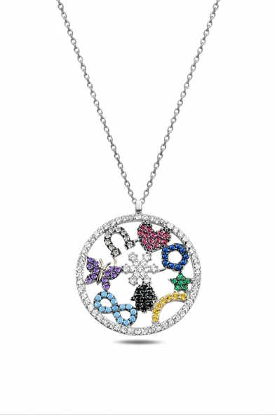 ÇEKİRDEK JEWELRY 925 Ayar Gümüş Rodyum Kaplama Zirkon Taşlı Sembollü Yuvarlak Kolye ürün görseli 1