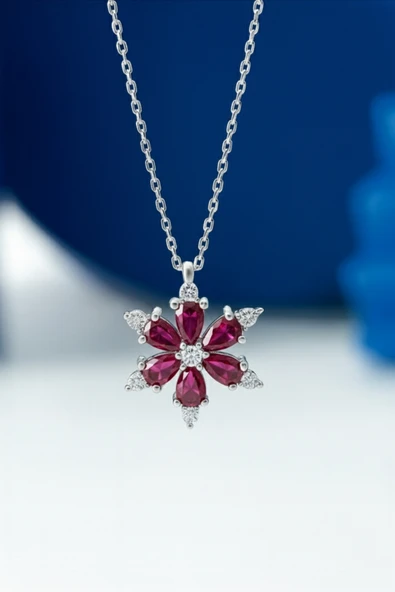 BAGETLİTAŞLAR 925 Ayar Gümüş Ruby Taşlı Kamelya Çiçeği Kolye ürün görseli 1