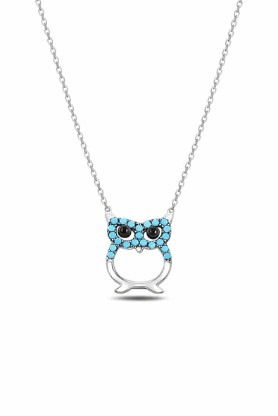 ÇEKİRDEK JEWELRY 925 Ayar Gümüş Baykuş Kolye – Turkuaz Taşlı, Rodyum Kaplama, Şık ve Zarif Kadın Kolyesi ürün görseli 1