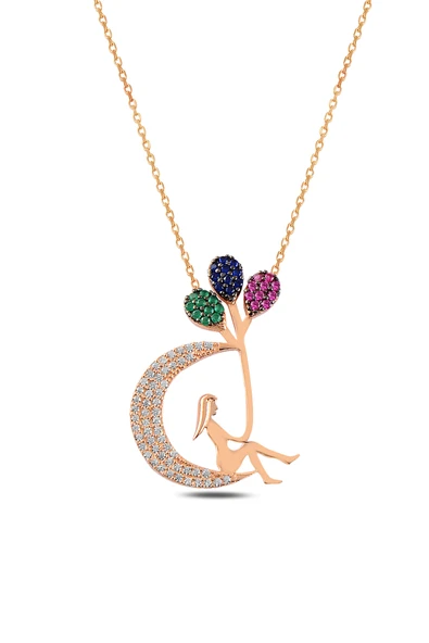 ÇEKİRDEK JEWELRY 925 Ayar Gümüş Ay Kolye | Renkli Taşlı Zarif Kadın Tasarım ürün görseli 1