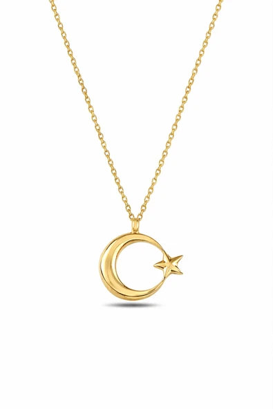 ÇEKİRDEK JEWELRY 925 Ayar Gümüş Ay Yıldız Kolye – Gold Kaplama Parlak Şık Tasarım ürün görseli 1