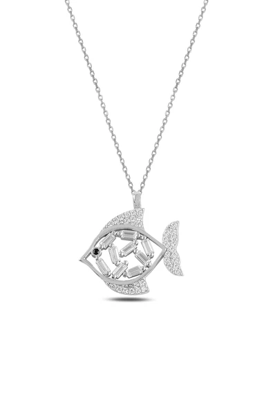 ÇEKİRDEK JEWELRY 925 Ayar Gümüş Rodyum Kaplama Balık Kolye Zirkon Taşlı Şık Tasarım ürün görseli 1