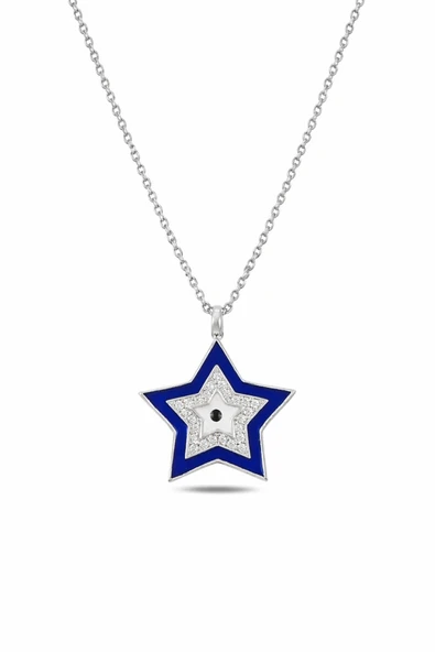 ÇEKİRDEK JEWELRY 925 Ayar Gümüş Rodyum Kaplama Mavi Mineli Yıldız Kolye – Zirkon Taşlı Şık Tasarım ürün görseli 1