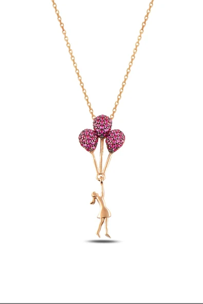 ÇEKİRDEK JEWELRY 925 Ayar Gümüş Rose Kaplama Kız Figürlü Kalp Balonlu Kolye – Pembe Taşlı Zarif Tasarım ürün görseli 1