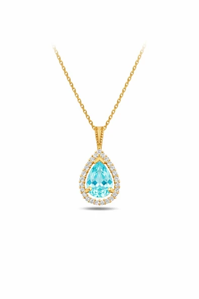 ÇEKİRDEK JEWELRY Damla Kesim Büyük Taşlı Gümüş Kolye 925 Ayar – Gold Kaplama Su Damlası Model ürün görseli 1
