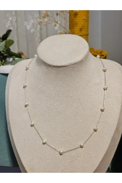 İNCİORA JEWELRY GERÇEK DOĞAL İNCİ GÜMÜŞ ZİNCİR ARALIKLI KOLYE - 925 ayar GÜMÜŞ, 4 mm gerçek tatlı su inci ürün görseli 1