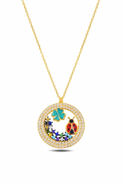 ÇEKİRDEK JEWELRY 925 Ayar Gümüş Sarı Altın Kaplama Uğur Böceği ve Yonca Taşlı Kolye ürün görseli 1