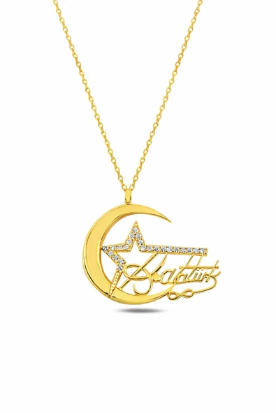 ÇEKİRDEK JEWELRY 925 Ayar Gümüş Atatürk İmzalı Ay Yıldız Kolye – Rodyum Kaplama Taşlı Model ürün görseli 1