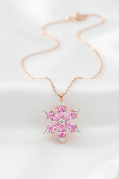 ÇEKİRDEK JEWELRY 925 Ayar Gümüş Pembe Taşlı Kamelya Çiçeği Kolye ürün görseli 1