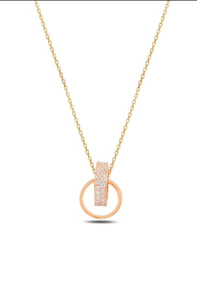 ÇEKİRDEK JEWELRY 925 Ayar Gümüş Altın Renk Kaplama Çift Halka Zirkon Taşlı Kadın Kolye ürün görseli 1