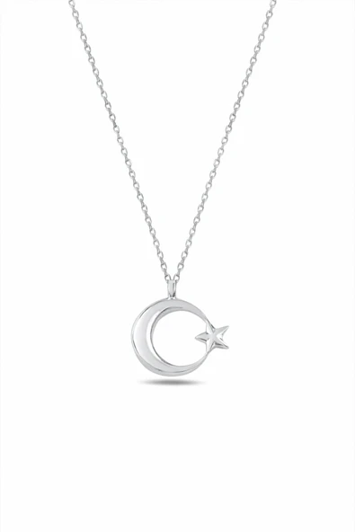 ÇEKİRDEK JEWELRY 925 Ayar Gümüş Ay Yıldız Kolye – Rodaj Kaplama Parlak Şık Tasarım ürün görseli 1