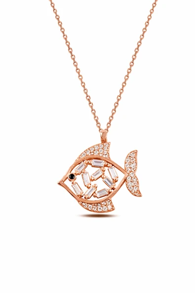 ÇEKİRDEK JEWELRY 925 Ayar Gümüş Rose Kaplama Balık Kolye Zirkon Taşlı Şık Tasarım ürün görseli 1