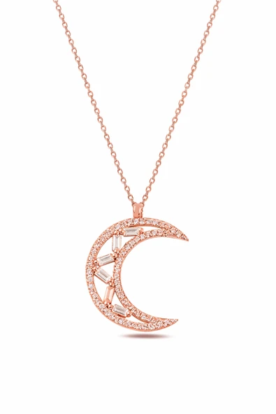 ÇEKİRDEK JEWELRY 925 Gümüş Rose Renk Ay Kolye – Işıltılı Baget Detaylı ürün görseli 1