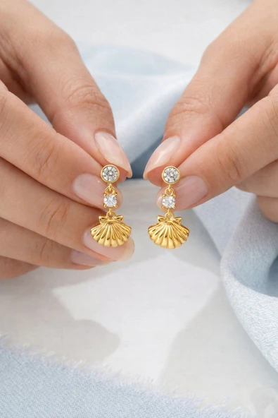 ÇEKİRDEK JEWELRY 925 Ayar Gümüş Gold Kaplama İstiridye Küpe ürün görseli 1