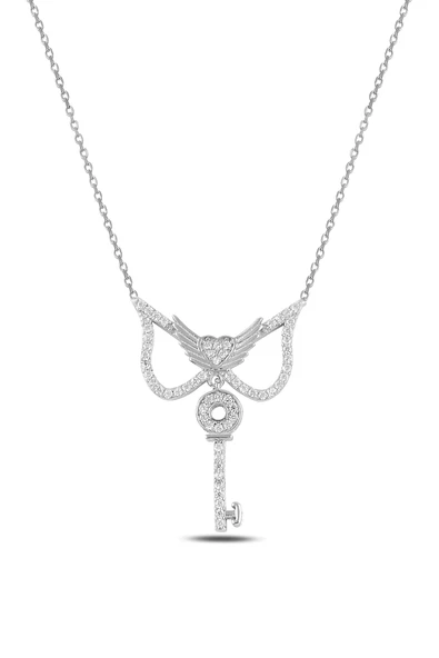 ÇEKİRDEK JEWELRY Gümüş Kanat Detaylı Kalp ve Anahtar Kolye 925 Ayar Zirkon Taşlı Zarif Tasarım ürün görseli 1