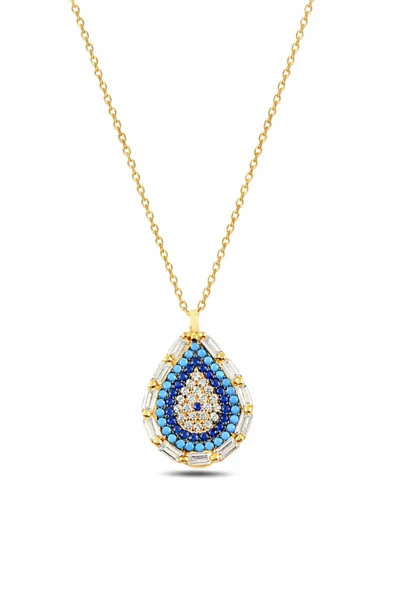 ÇEKİRDEK JEWELRY 925 Ayar Gümüş Damla Nazar Kolye Taşlı Baget Çerçeveli Altın Kaplama Zarif Kadın Kolyesi ürün görseli 1