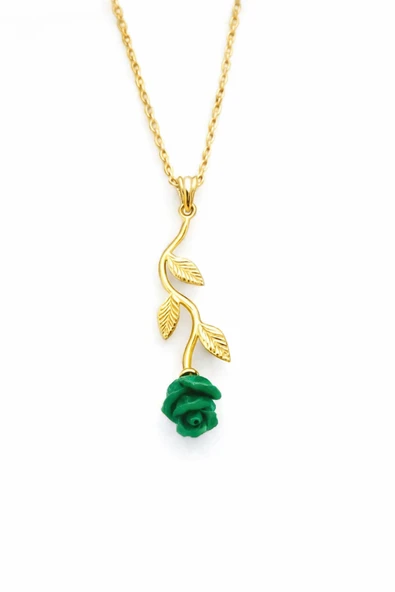 ÇEKİRDEK JEWELRY 925 Ayar Gümüş Rose Kaplama Yeşil Gül Detaylı Kadın Kolye ürün görseli 1