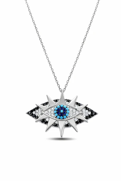 ÇEKİRDEK JEWELRY 925 Ayar Gümüş Rodyum Kaplama Göz Kolye – Mavi Taşlı Nazar Model ürün görseli 1