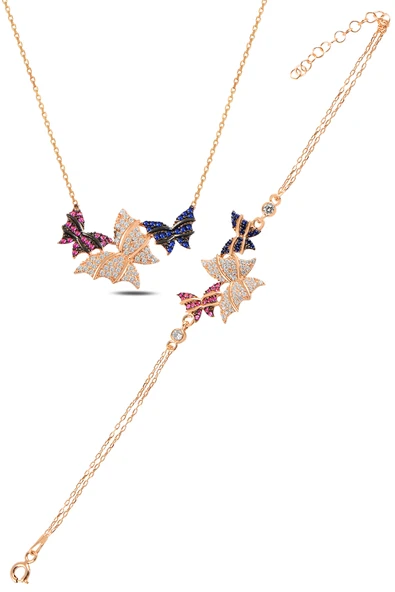 ÇEKİRDEK JEWELRY 925 Ayar Gümüş Kelebek Kolye ve Bileklik Set – Rose Kaplama Renkli Taşlı ürün görseli 1
