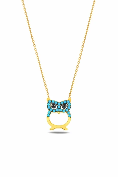 ÇEKİRDEK JEWELRY 925 Ayar Gümüş Baykuş Kolye – Turkuaz Taşlı,Gold Kaplama, Şık ve Zarif Kadın Kolyesi ürün görseli 1
