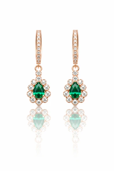 ÇEKİRDEK JEWELRY 925 Ayar Gümüş Rose Kaplama Zirkon Taşlı Zümrüt Yeşili Damla Küpe ürün görseli 1