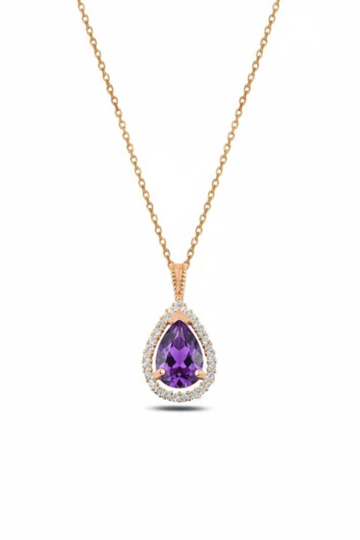 ÇEKİRDEK JEWELRY 925 Ayar Gümüş Damla Kesim Zirkon Taşlı Rose Gold Kolye – Işıltılı Zarif Kadın Kolyesi ürün görseli 1