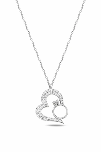 ÇEKİRDEK JEWELRY Kalp ve Yüzük Figürlü Rodyum Kaplama Taşlı Gümüş Kolye | Zarif & Romantik Tasarım ürün görseli 1