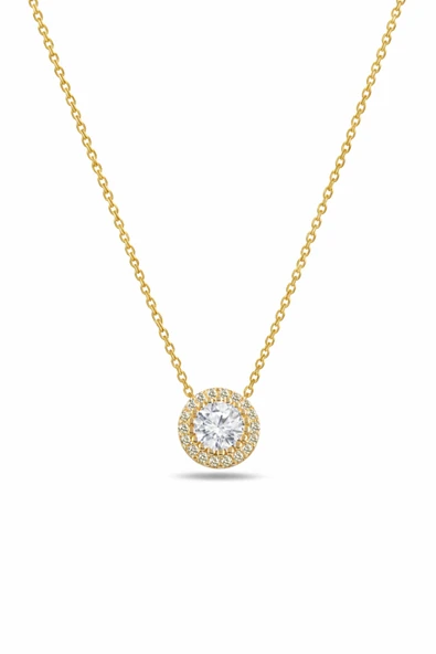 ÇEKİRDEK JEWELRY 925 Ayar Gümüş Sarı Altın Kaplama Tektaş Halo Kolye – Zirkon Taşlı Şık Kadın Kolye ürün görseli 1