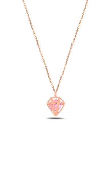 ÇEKİRDEK JEWELRY Rose Renk 925 Ayar Gümüş Pırlanta Tasarım Pembe Zirkon Taşlı Kolye ürün görseli 1