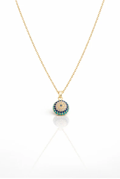 ÇEKİRDEK JEWELRY 925 Ayar Gümüş Nazar Boncuklu Yuvarlak Kolye Zirkon Taşlı Altın Kaplama ürün görseli 1