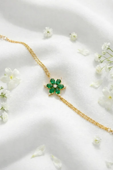 ÇEKİRDEK JEWELRY 925 Ayar Gümüş Yeşil Taşlı Lotus Bileklik ürün görseli 1