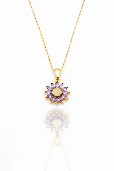 ÇEKİRDEK JEWELRY 925 Ayar Gümüş Ayçiçeği Kolye Mor Taşlı Altın Kaplama Şık Kadın Kolyesi ürün görseli 1