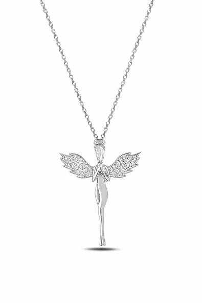ÇEKİRDEK JEWELRY 925 Ayar Gümüş Melek Kolye – Zirkon Taşlı Kanatlı Melek Figürlü Kadın Kolye ürün görseli 1