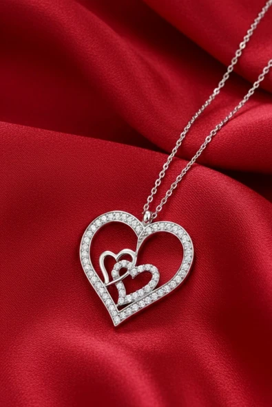 ÇEKİRDEK JEWELRY 925 Ayar Gümüş Zirkon Taşlı Kalplı Kolye ürün görseli 1