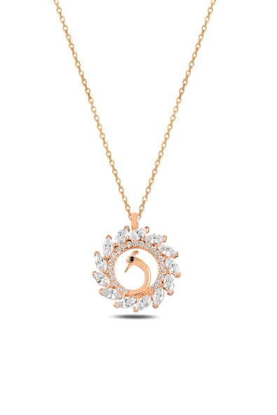 ÇEKİRDEK JEWELRY Kadın Rose Gold Kolye Tavus Kuşu Figürlü Taşlı Şık Kolye Modeli 925 Ayar Gümüş ürün görseli 1