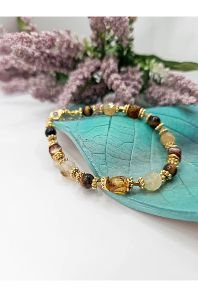 İNCİORA JEWELRY Sitrin, Kehribar ve Kaplan Gözü Doğal Taş Bileklik – Hematit Detaylı – El Yapımı Özel Tasarım ürün görseli 1